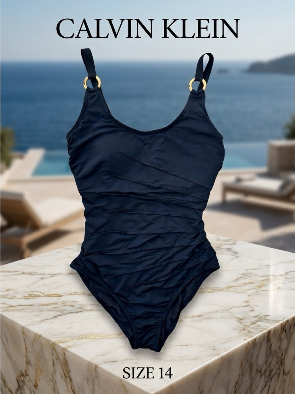 CALVIN KLEIN Women’s Starburst Black Ruched One-Piece Swimsuit Gold Hardware 14
